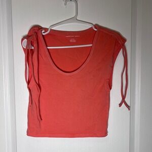 American‎ Eagle Coral Orange Gathered Sleeve Crop Top Tee Shirt Women's Small